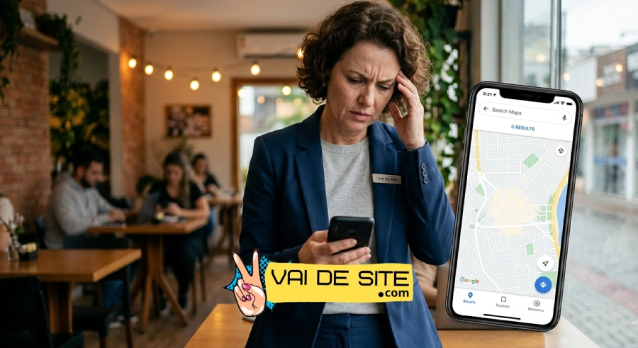 Empreendedor frustrado segurando celular porque a sua empresa não aparece no Google Maps