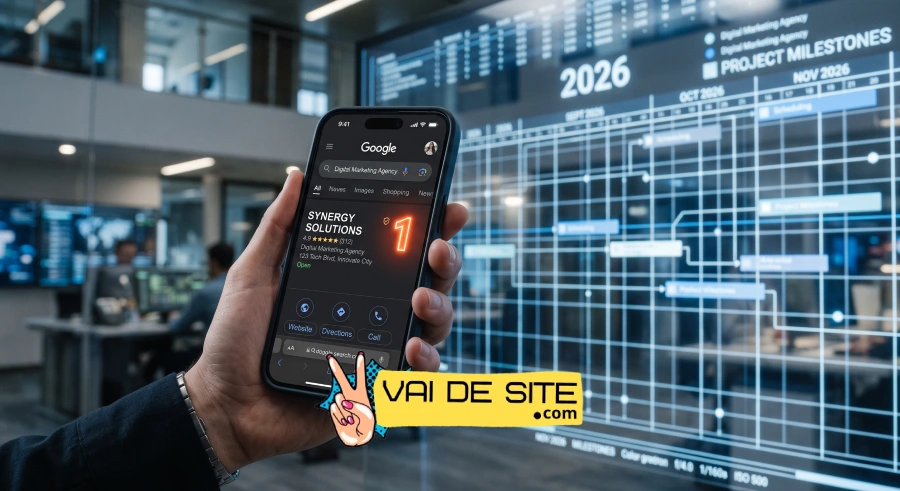 Celular mostrando uma empresa na primeira posição do Google com destaque para as exigências do algoritmo em 2026