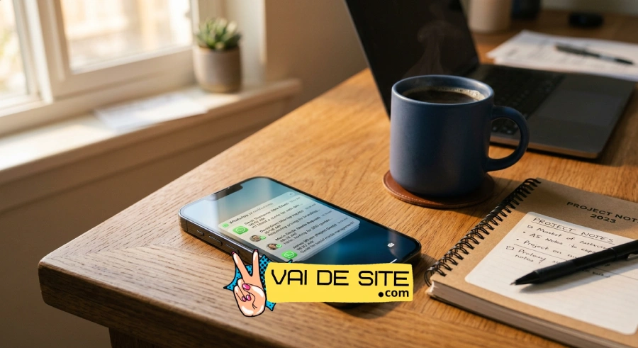 Celular sobre a mesa de trabalho recebendo notificações de novos orçamentos no WhatsApp de clientes captados pelo Google