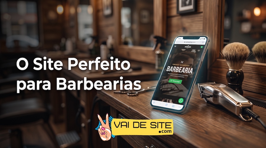 Celular exibindo um modelo de site para barbearia focado em agendamentos automáticos via WhatsApp
