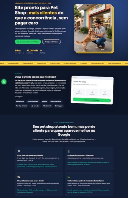 Print do modelo de site pronto para pet shop com banner, comparativo e FAQ, criado em WordPress
