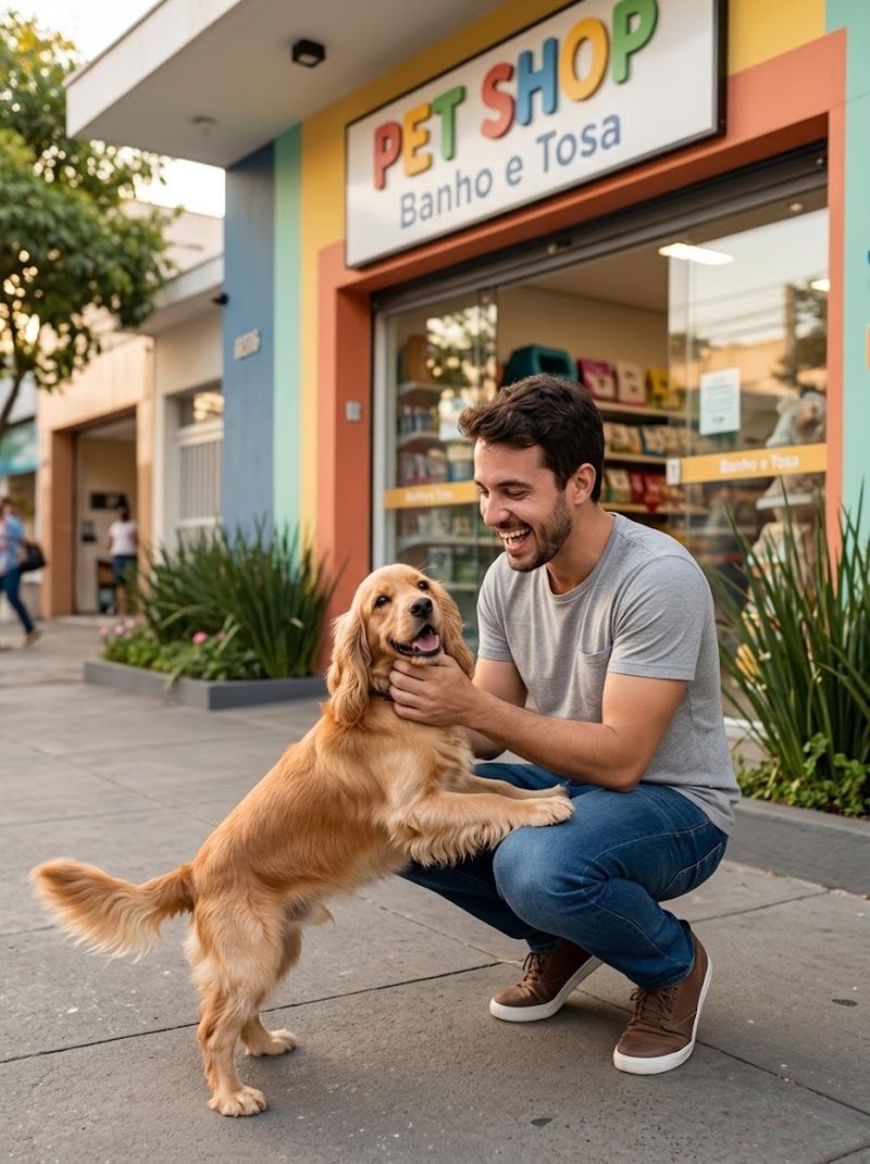 Tutor sorrindo brincando com cachorro golden em frente a um pet shop de banho e tosa com site pronto